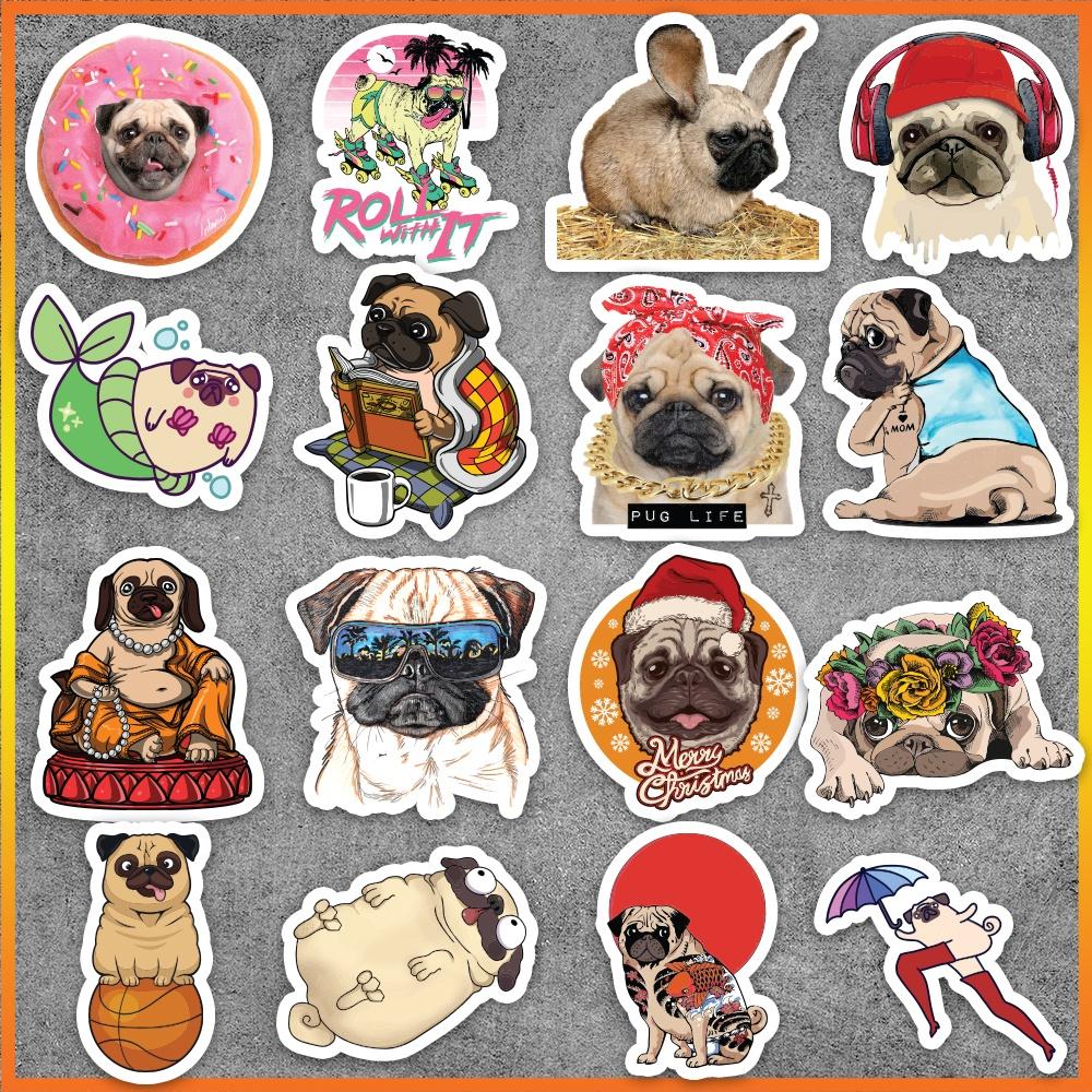 Set 50 cái Sticker Pug chống nước, Hình dán chó Pug cute, Decal Pug dán vali, điện thoại, mũ bảo hiểm