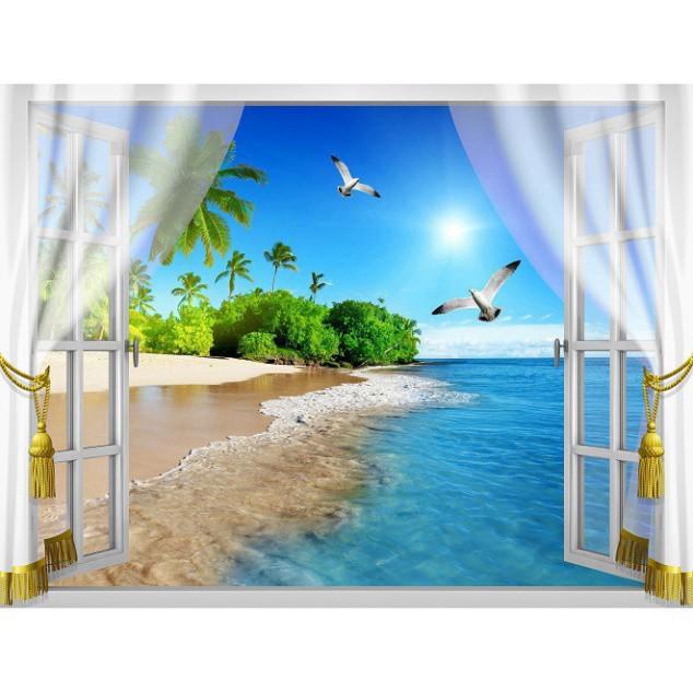 Tranh dán tường cửa sổ 3D Cảnh biển đẹp 0317