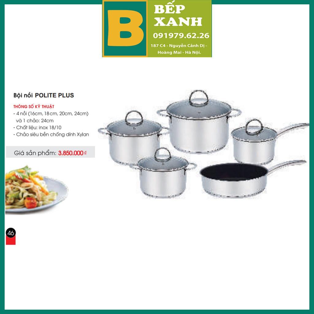 Bộ nồi inox Bauer Polite Plus vung kính dành cho bếp từ Gồm có 4 nồi (16cm, 18cm, 20cm, 24cm) và 1 chảo: 24cm hàng chính hãng