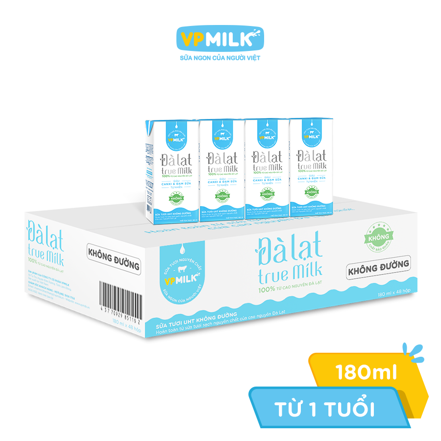 Sữa tươi UHT Đà Lạt True Milk không đường 180ml (Thùng 48 hộp)