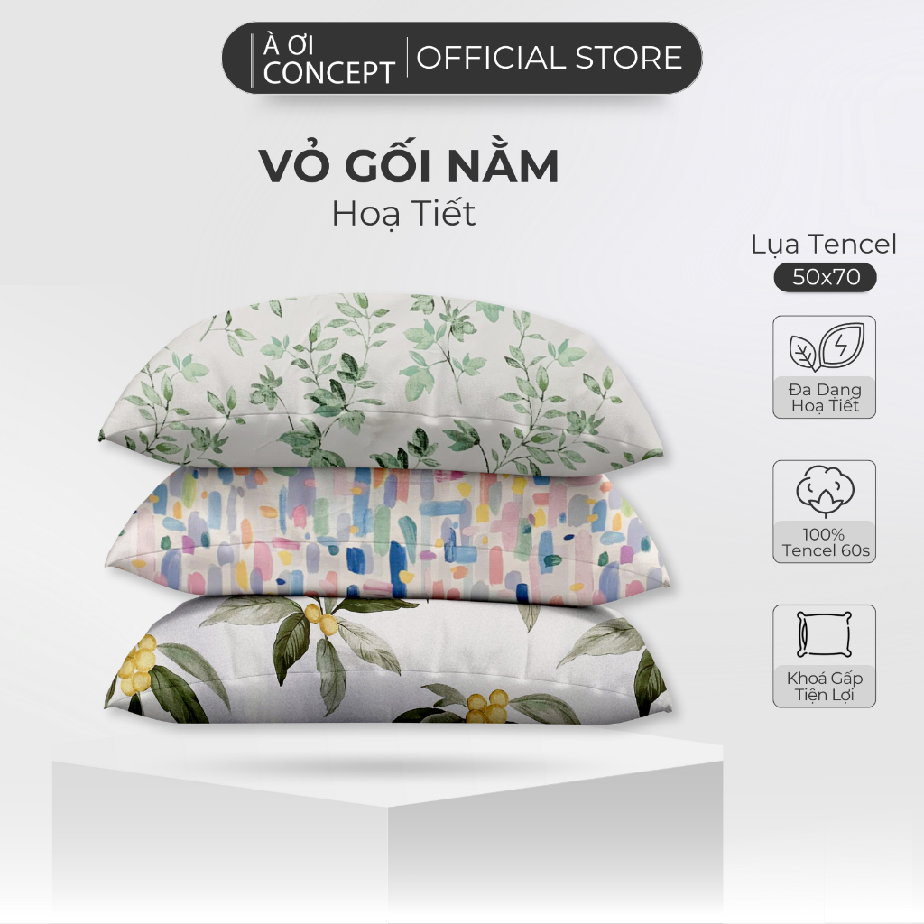 Vỏ Gối Nằm Lụa Tencel 60s Cao Cấp À Ơi Concept Hoa Văn Size 50x70 cm