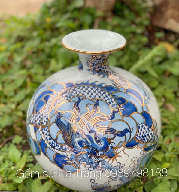 Bình hút tài lộc gốm sứ Bát Tràng size nhỏ cao 24cm vẽ hoạ tiết long cuốn thuỷ