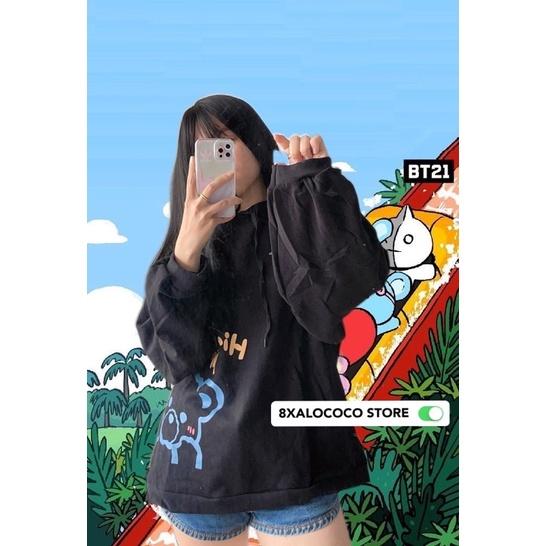 ÁO HOODIE CÓ MŨ FORM RỘNG MÀU ĐEN HÌNH GẤU GOOD MORNING