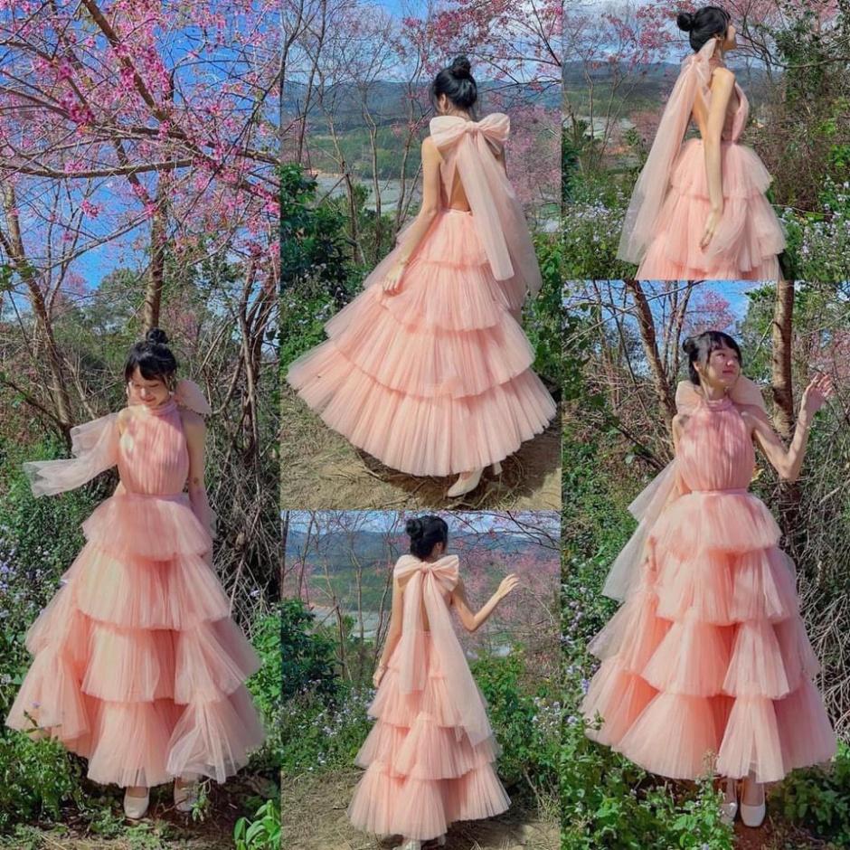 Đầm váy maxi lưới lót lụa xoè tầng hở lưng nơ cổ yếm hồng Ivy.fashion đi biển dự tiệc dạo phố bigsize gợi cảm sexy