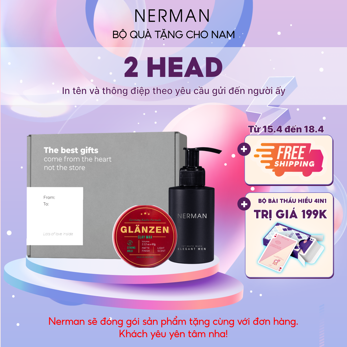 Bộ quà tặng cho nam 2 HEAD - Gel vệ sinh nam giới Sanda Perfume 100ml &amp; Sáp vuốt tóc nam Glanzen 60g