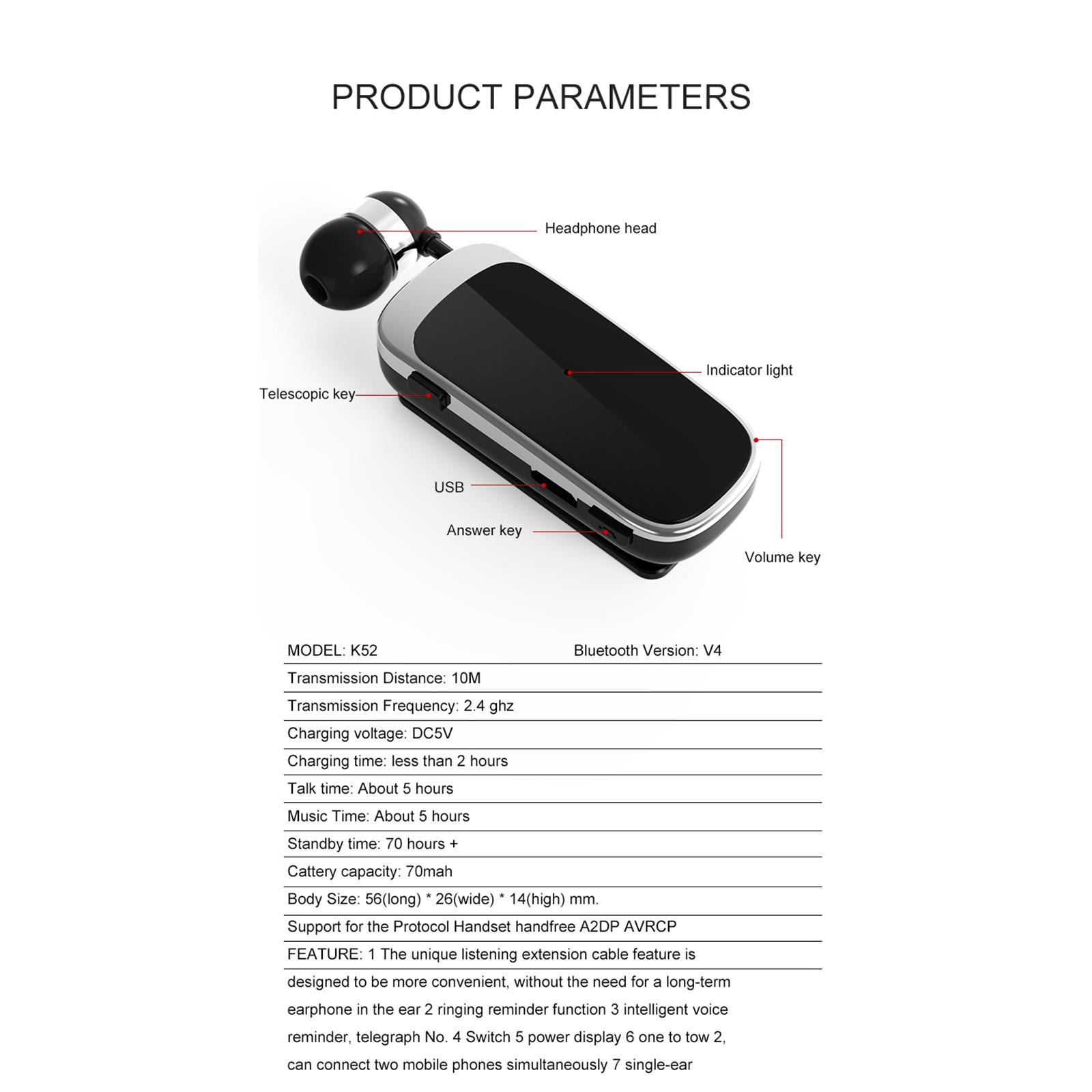 K52 Retractable Bluetooth Earphone Business Lavalier Earphone Sports Bluetooth Headset Call Vibration Bluetooth V4.0