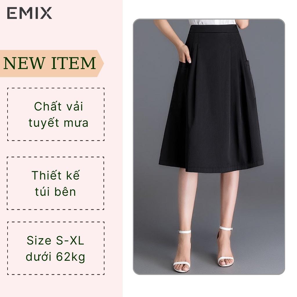 Chân váy midi công sở 921 EMIX (màu đen), dáng dài, ulzzang, cạp cao, khóa sau, hai túi, vải tuytxi mềm nhẹ