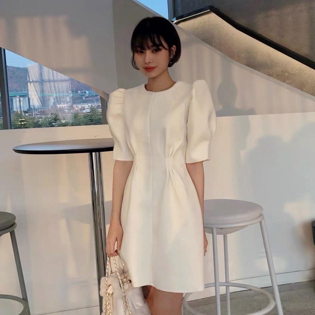 Váy đầm dự tiệc tay ngắn cổ tròn đơn giản chít eo siêu iu