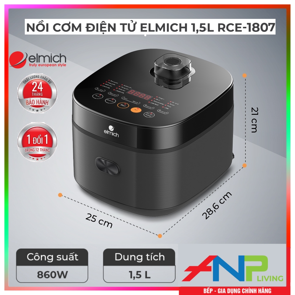 Nồi Cơm Điện Tử Elmich RCE-1807 (Mầu Đen - Dung Tích 1.5L - CÔNG SUẤT 860W - Điều Khiển Cảm Ứng) HÀNG NHẬP KHẨU CHÍNH HÃNG