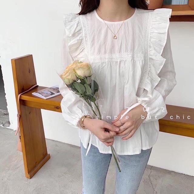 Áo babydoll viền bèo tay bồng sơ mi trắng tiểu thư
