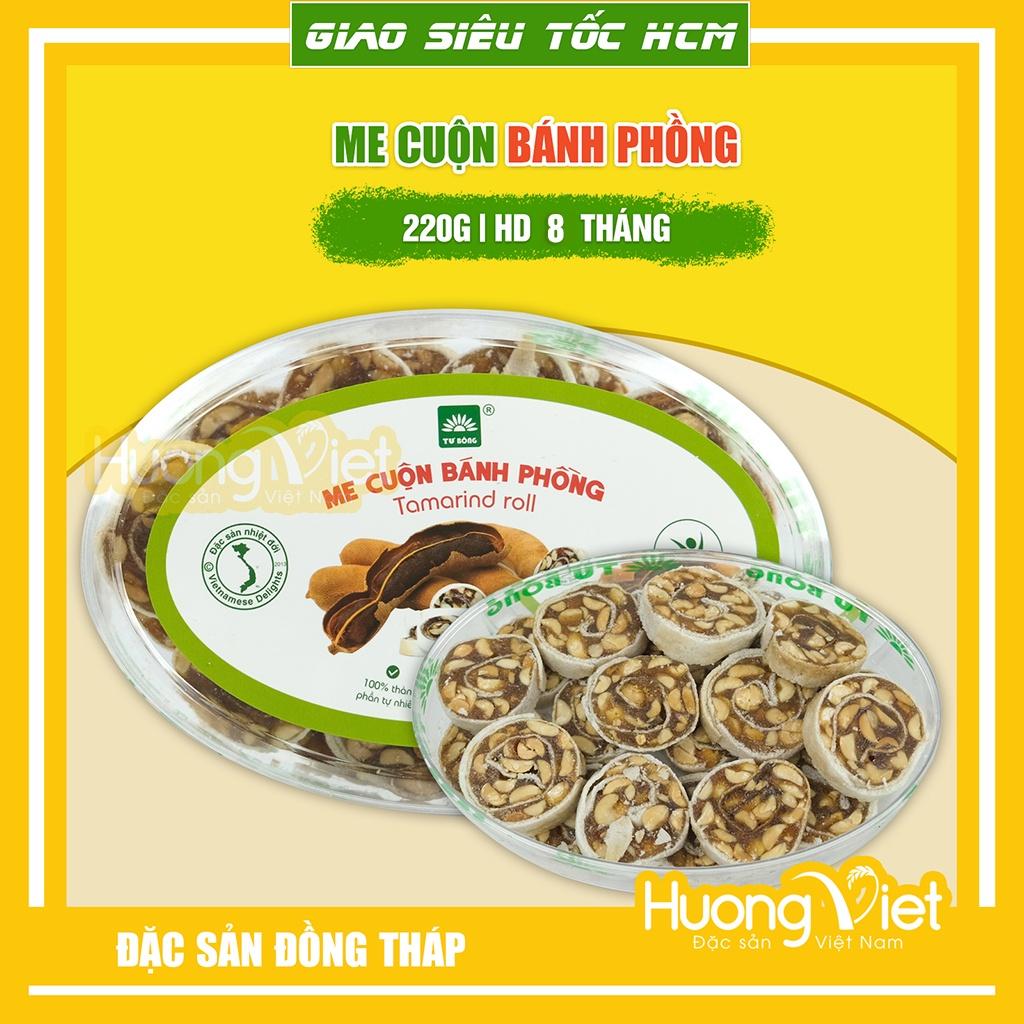 Kẹo me, mứt me cuộn bánh tráng đậu phộng hộp 220g, đặc sản Đồng Tháp Tư Bông, bánh kẹo đồ ăn vặt Sài Gòn