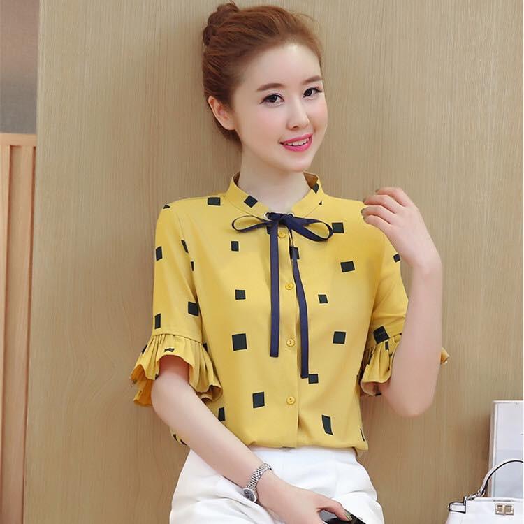 Sơ mi cổ trụ nơ tay điệu họa tiết ô vuông