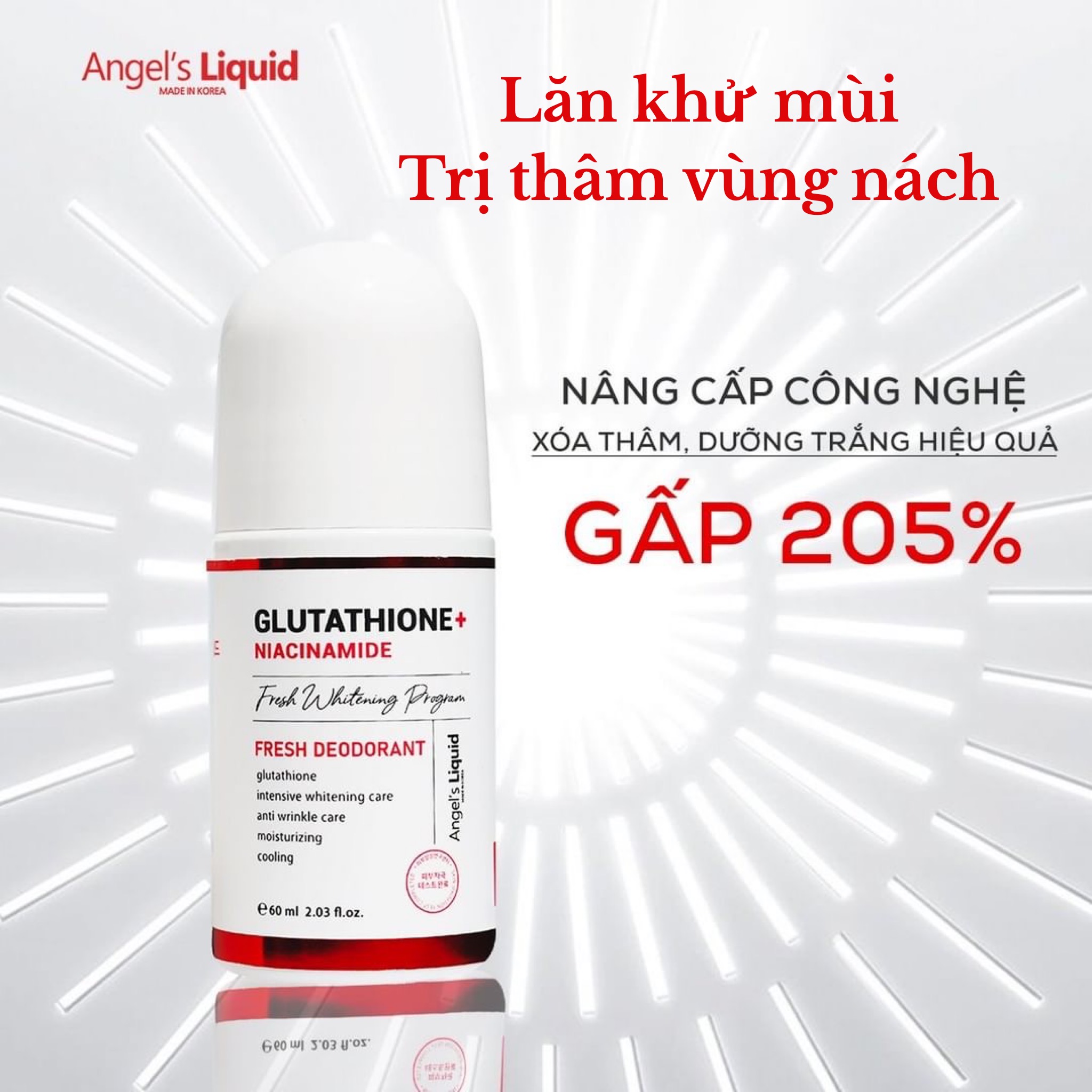 Lăn Khử Mùi, Dưỡng Trắng, Giảm Thâm Angel's Liquid Glutathione Fresh-Up Whitening Magic Deo Stick 60ml