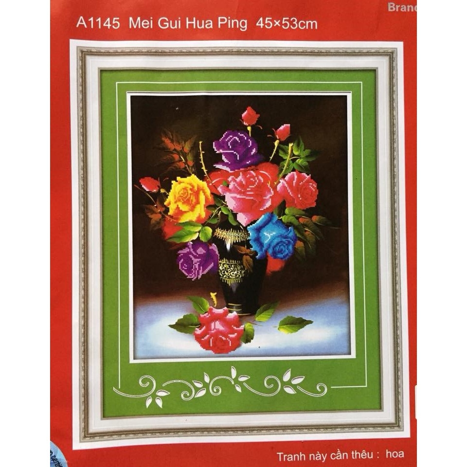 Tranh thêu chữ thập Bình hoa Hồng chưa thêu