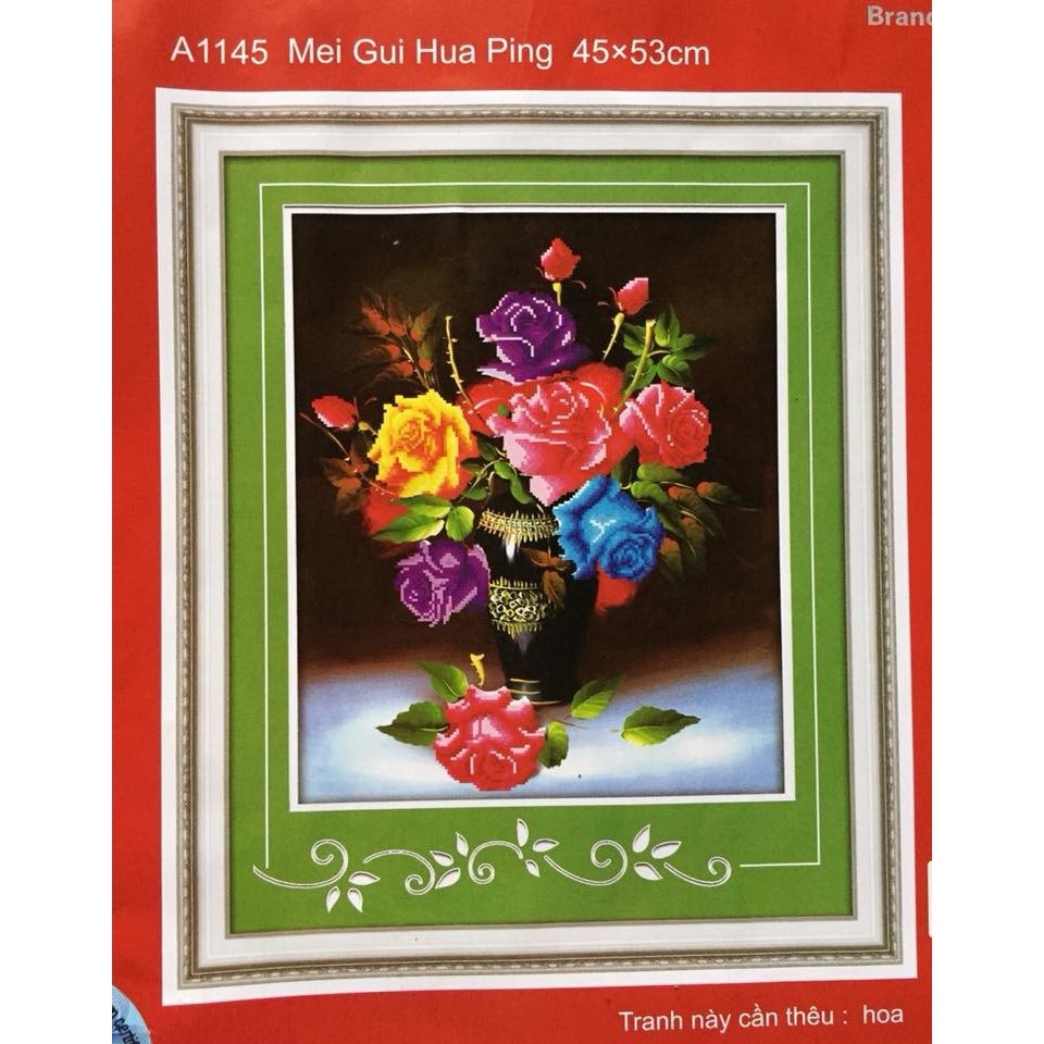 Tranh thêu chữ thập Bình hoa Hồng (45*53cm) chưa thêu