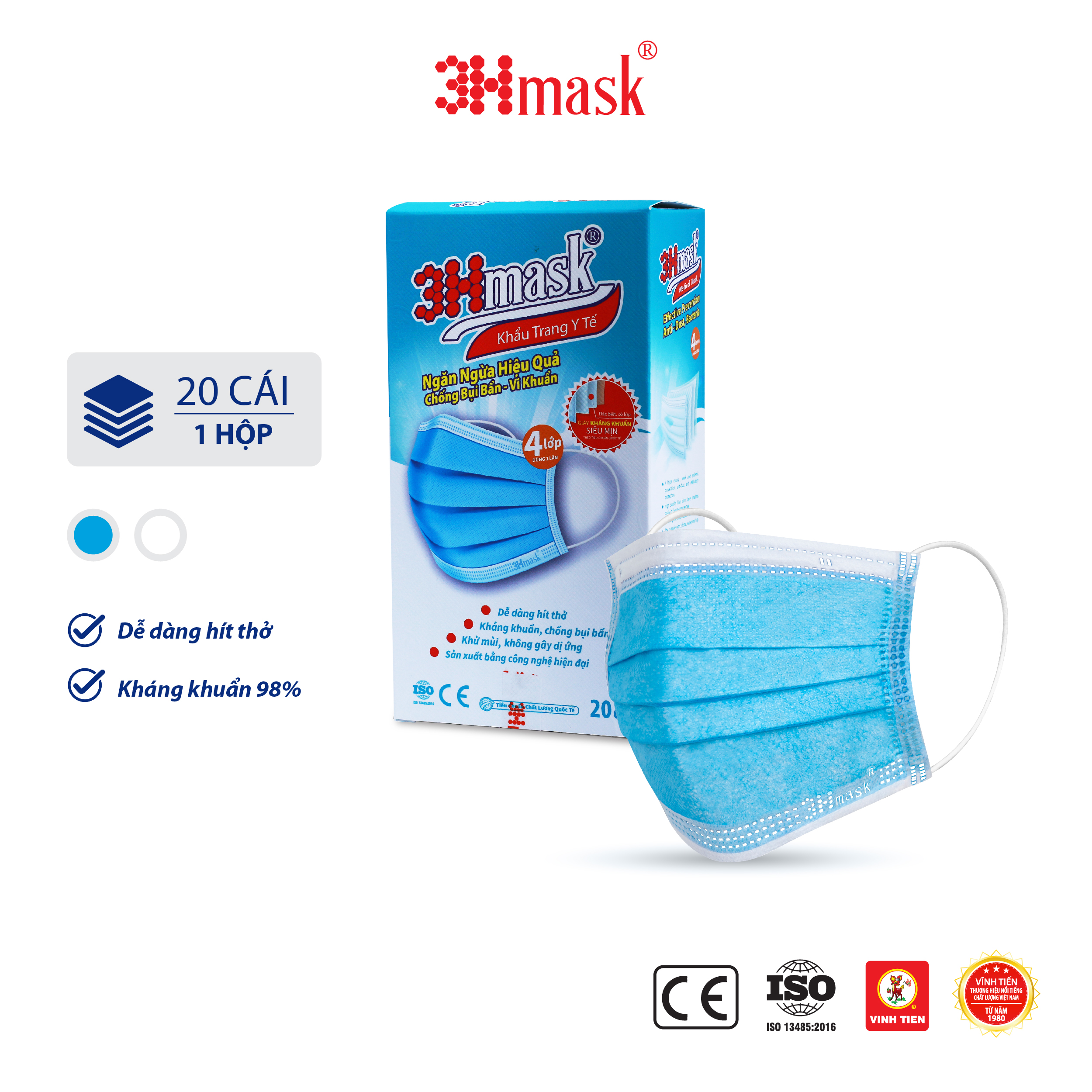 Khẩu Trang 3Hmask 4 Lớp Quai Tròn Xanh (20 cái)