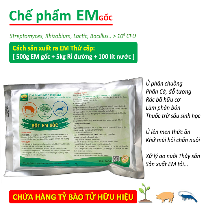 Chế phẩm EM gốc - Gói 500g - Chứa hàng tỷ vi sinh vật có lợi - Ủ rác bã hữu cơ làm phân bón - Xử lý mùi hôi