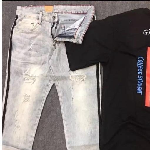 QUẦN BAGGY JEAN NAM UNISEX CHẤT BÒ TRẮNG XANH 2 SỌC RÁCH SOÁI KA NHẬP THÁI - DB 1993- DUBATI FASHION