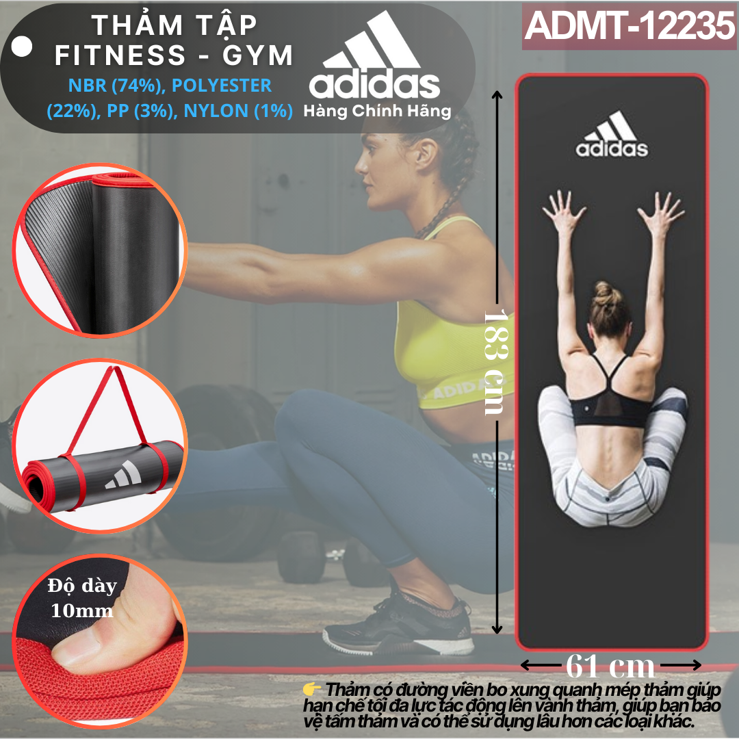 Thảm Tập Fitness, Gym Chính Hãng ADIDAS ADMT-12235 Training Mat - Cao Su NBR 10mm Độ Êm Cao