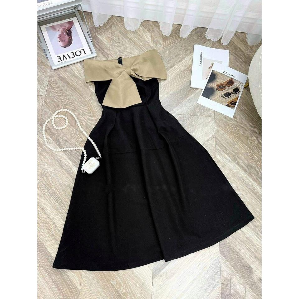 Váy đầm nữ dạ hội dự tiệc dáng xòe hai dây kết nơ ngực xẻ tà sang trọng quý phái