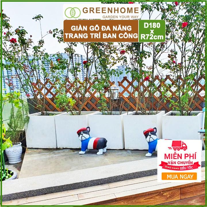 Giàn gỗ treo ban công, R72xC180cm, gỗ tràm siêu bền, màu gỗ, co giản được, làm khung hoa hồng leo, bông giấy |Greenhome