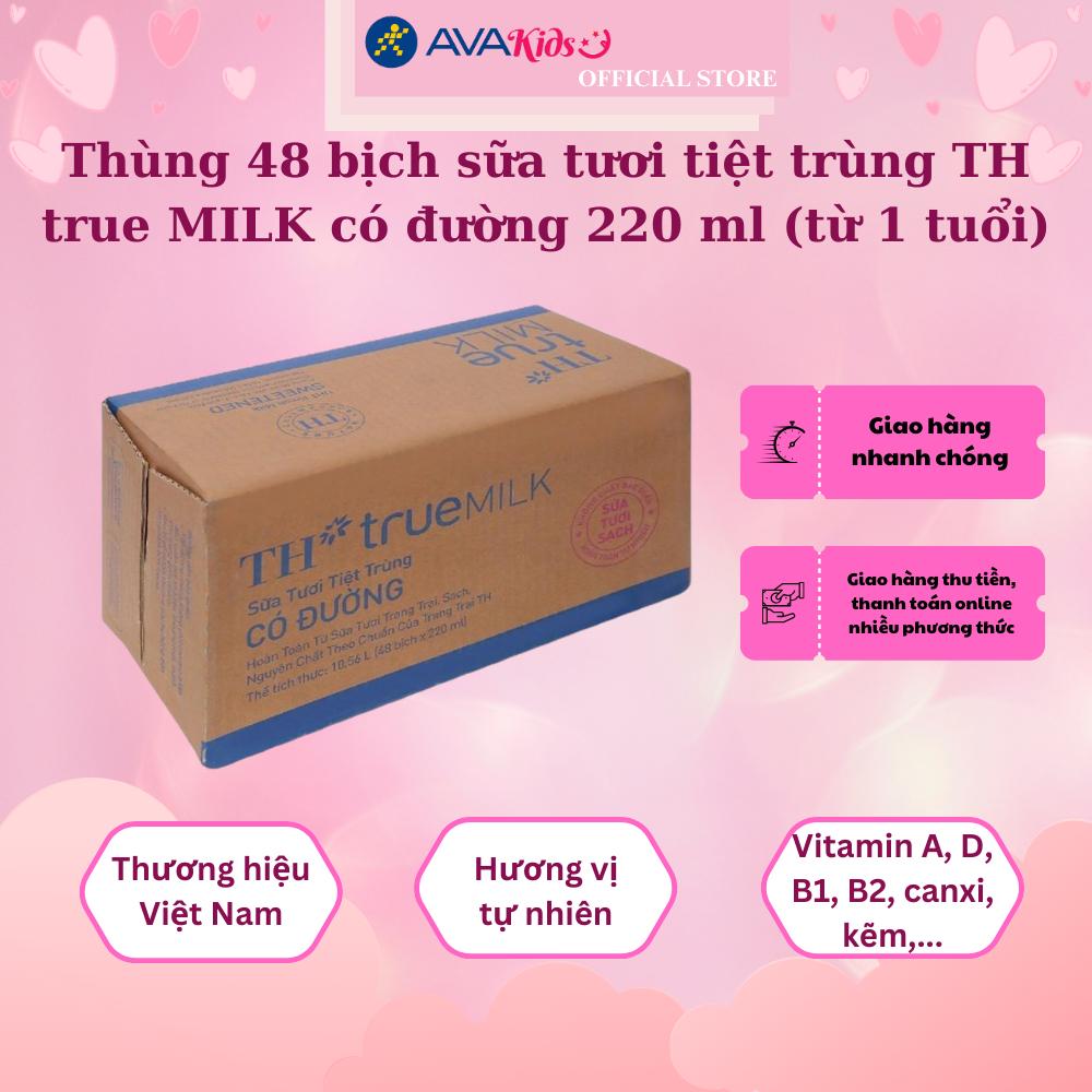 Thùng 48 bịch sữa tươi tiệt trùng TH true MILK có đường 220 ml (từ 1 tuổi)