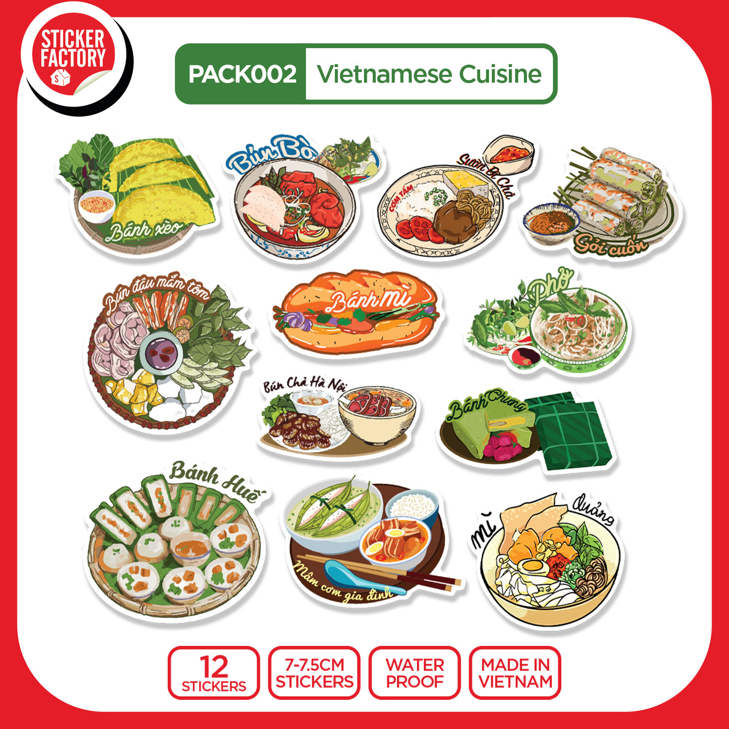 PACK002 Vietnamese Cuisine - Set 12 hình dán Die Cut Sticker Pack made in Viet Nam Sticker Factory