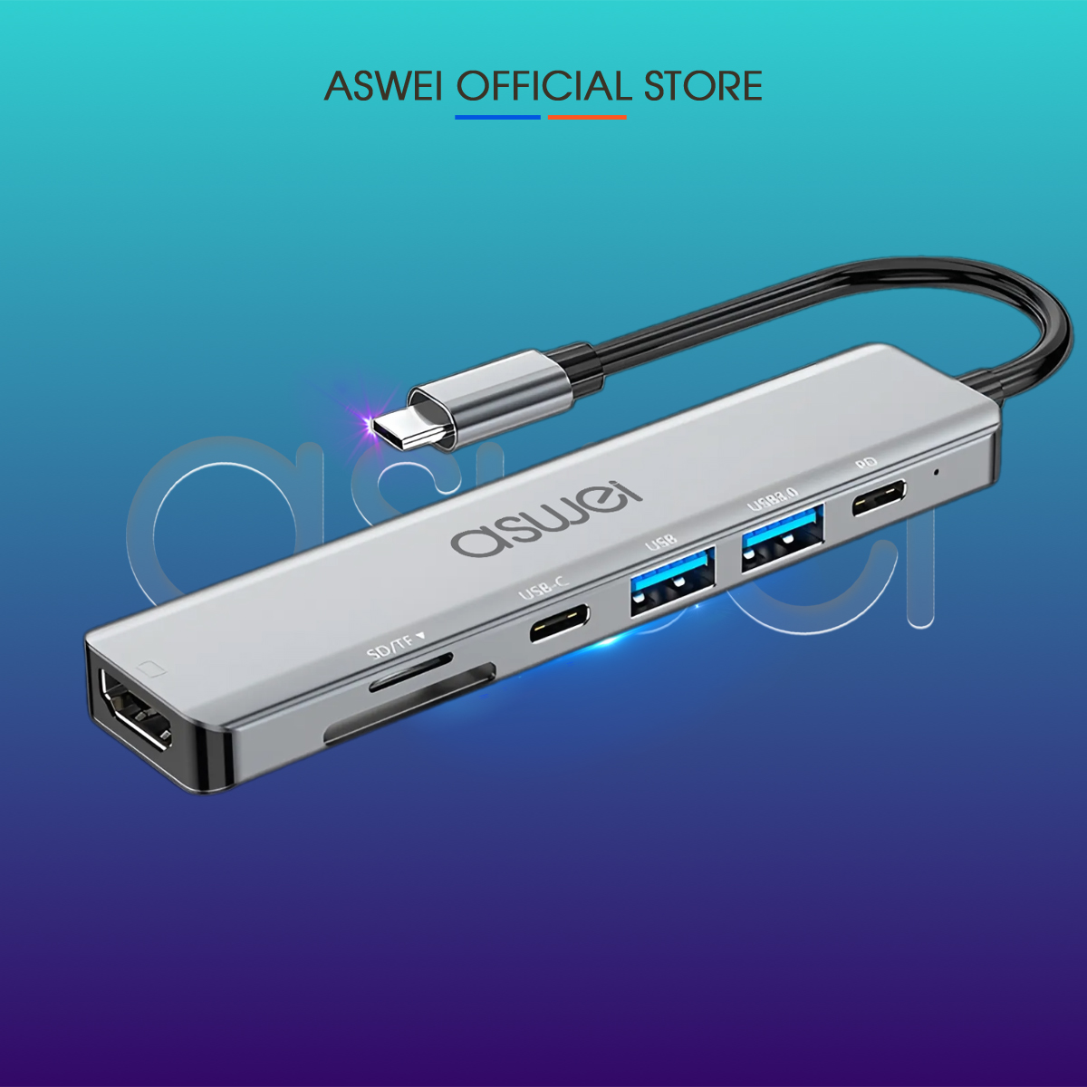 Hub Type C ASWEI 7 in 1 To HDMI, USB 3.0, SD, TF, USB C, PD - Cổng Chia USB, Ổ Chia USB Tốc Độ Cao - Hub Chuyển Đổi USB Type C 7 Cổng Dành Cho Macbook, Laptop, PC, Máy Tính Bảng, Điện Thoại - Hàng Chính Hãng