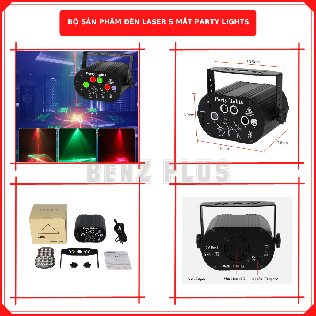 Đèn laser BENZ 5 mắt phiên bản 2023, phòng bay bar karaoke nháy theo nhạc, đèn party lights trang trí sự kiện, sinh nhật