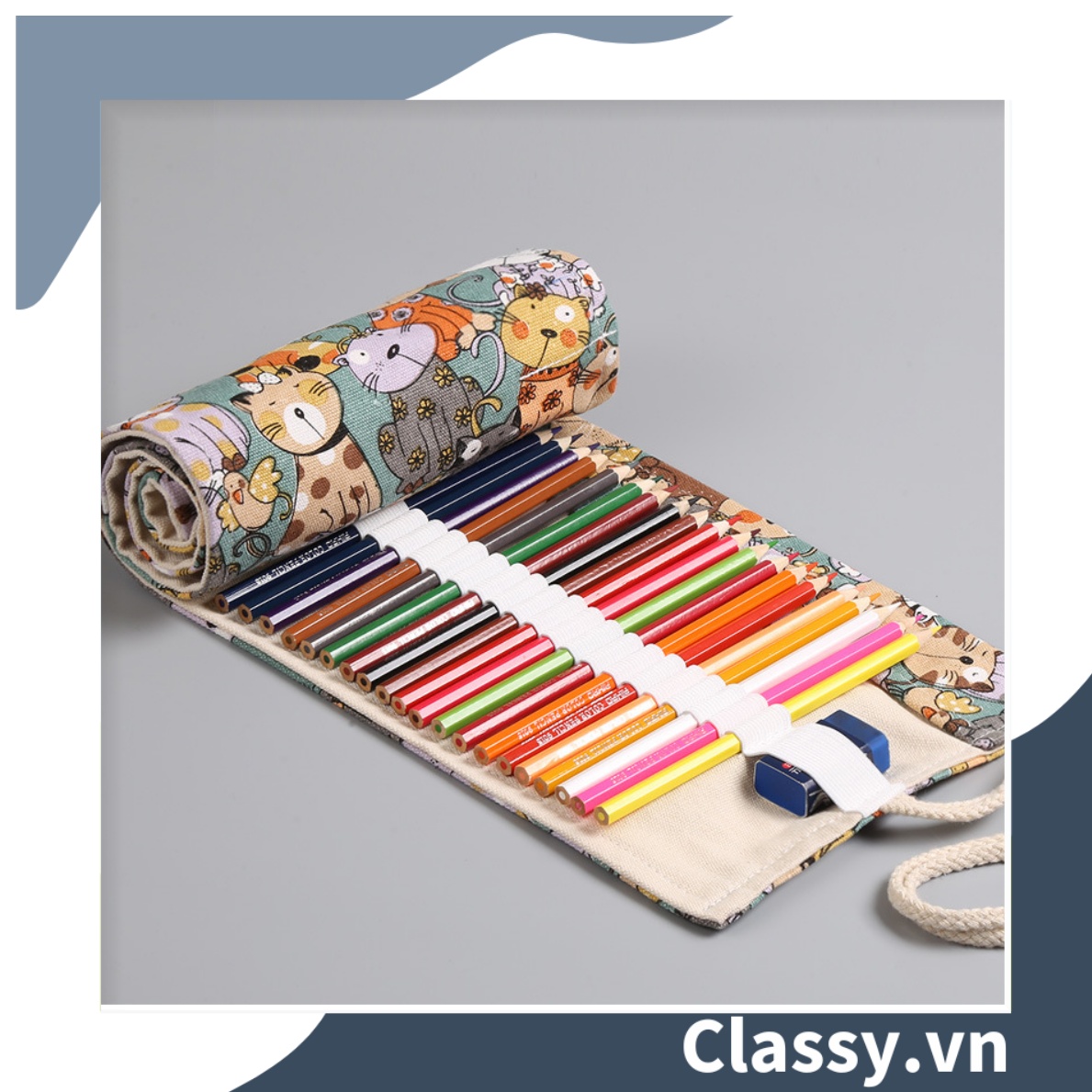 Túi đựng bút dạng cuộn vải cotton, phong cách vintage hình mèo PK617
