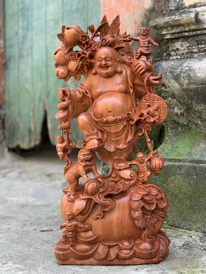 Tượng phật di lặc ngũ phúc bằng gỗ hương đá liền khối kt 60×28×16cm