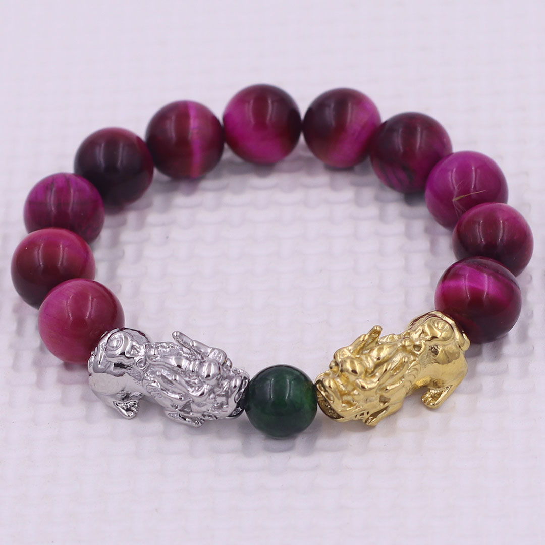 Vòng chuỗi đeo tay đá mắt hổ hồng 12 ly charm tỳ hưu đôi inox trắng và vàng, vòng chuỗi phong thủy, charm tỳ hưu, vòng tay hạt chuỗi