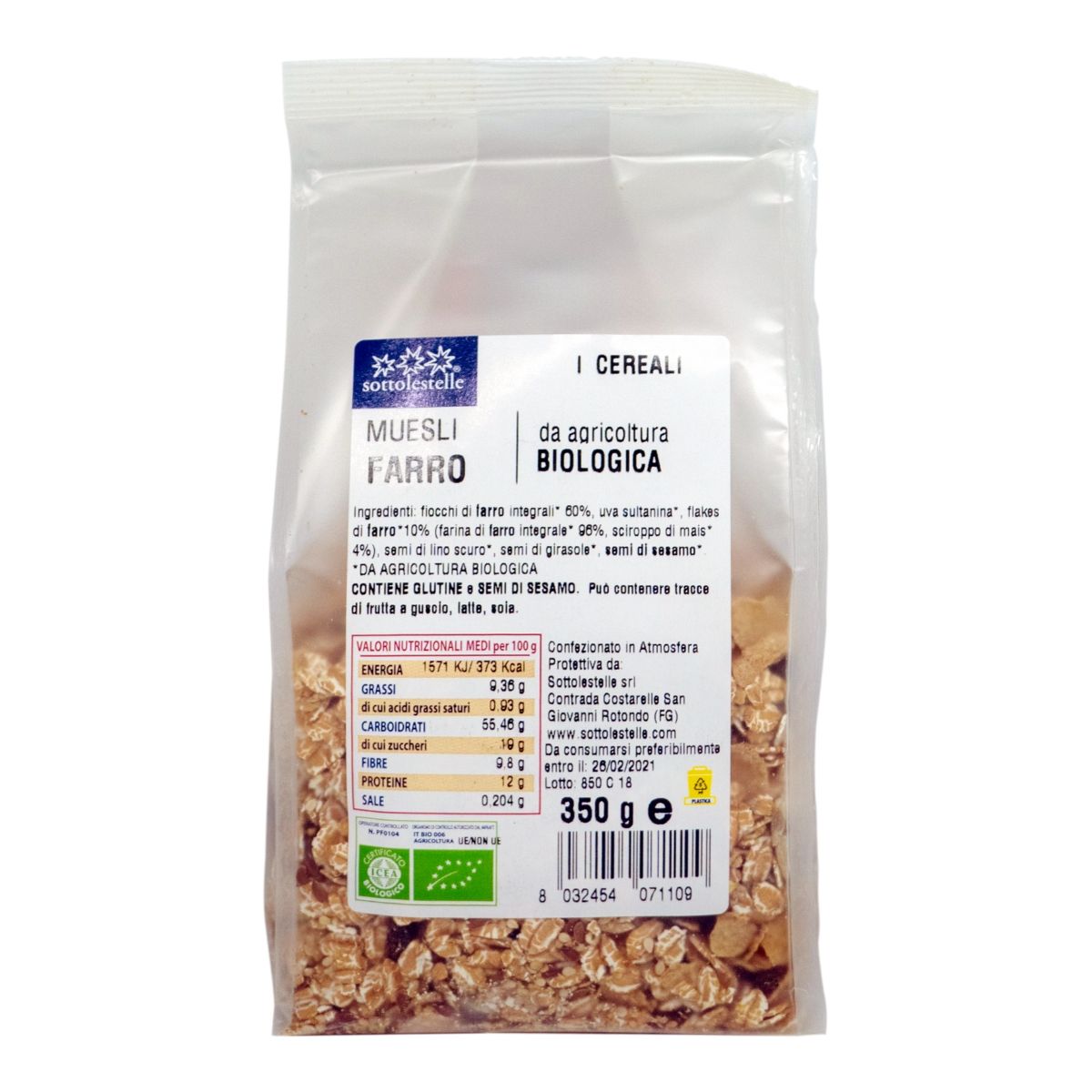 Ngũ cốc dinh dưỡng Muesli nho khô hữu cơ Sottolestelle 350g Organic Spelt Muesli Raisin