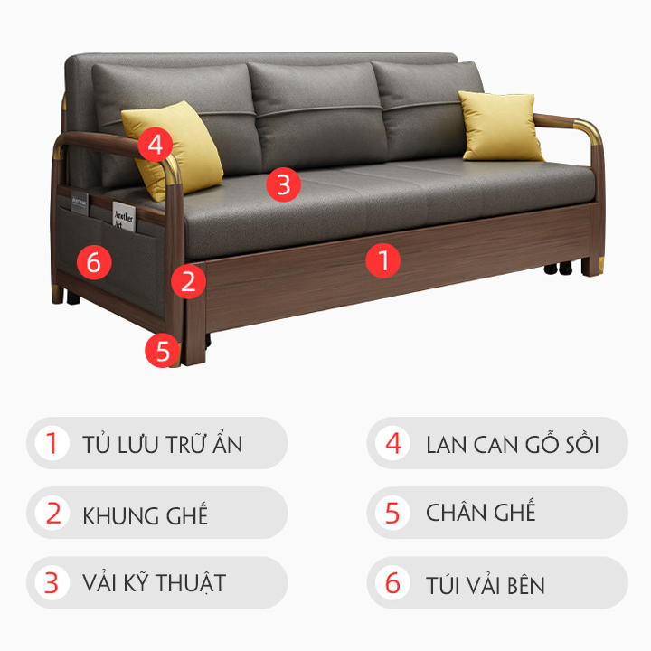 GIƯỜNG SOFA THÔNG MINH, SOFA ĐA NĂNG GẤP GỌN TAY GỖ VIỀN KIM LOẠI CAO CẤP KT 1m60 x 1m95