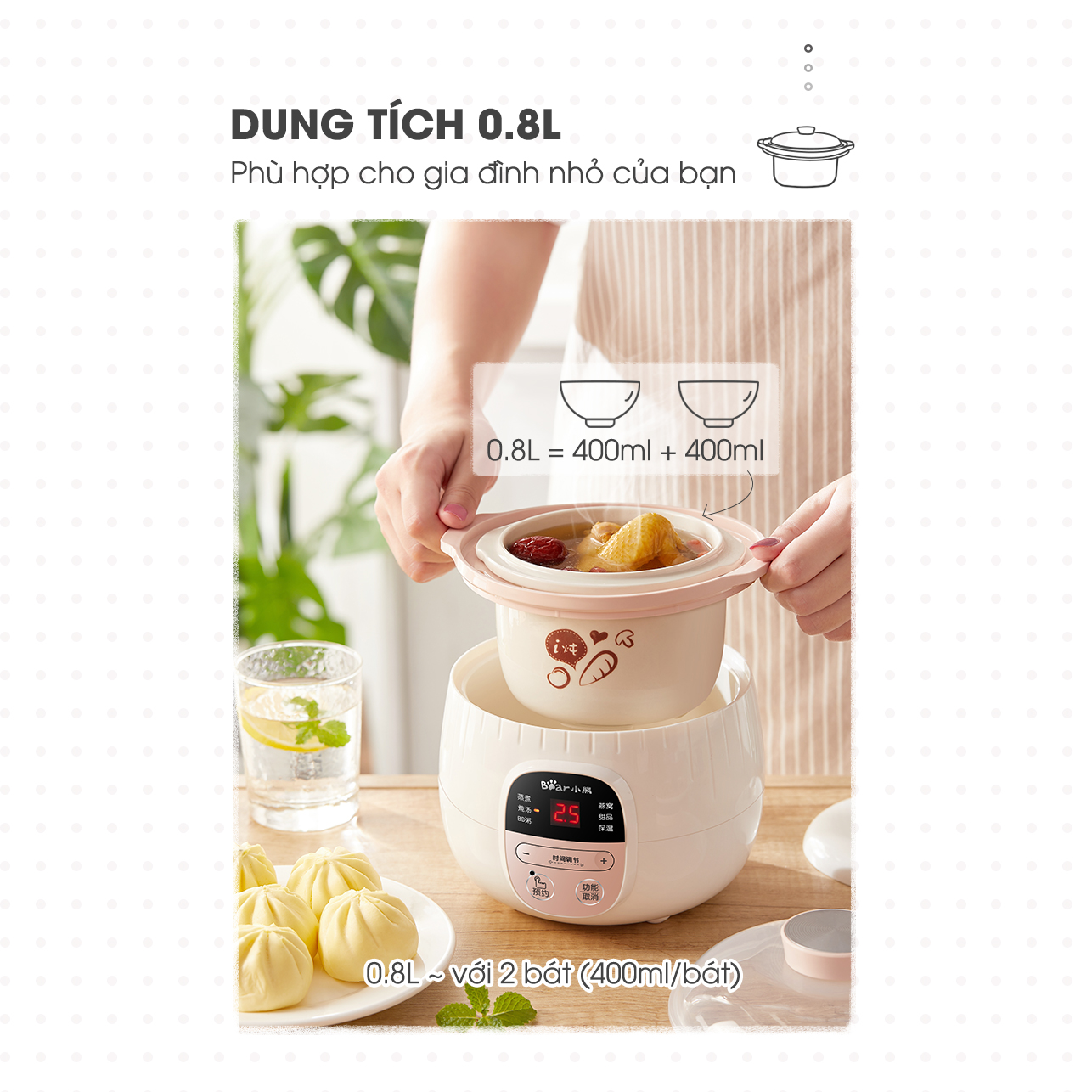 Nồi nấu cháo chậm, ninh hầm cách thủy Bear DDZ-B08C1 dung tích 0.8L Kèm Lồng Hấp 1L Hàng chính hãng