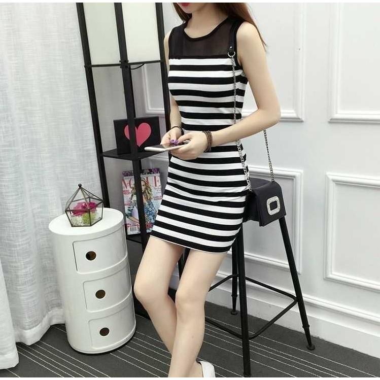 Đầm ôm kẻ sọc ngang sát nách phối ren da09