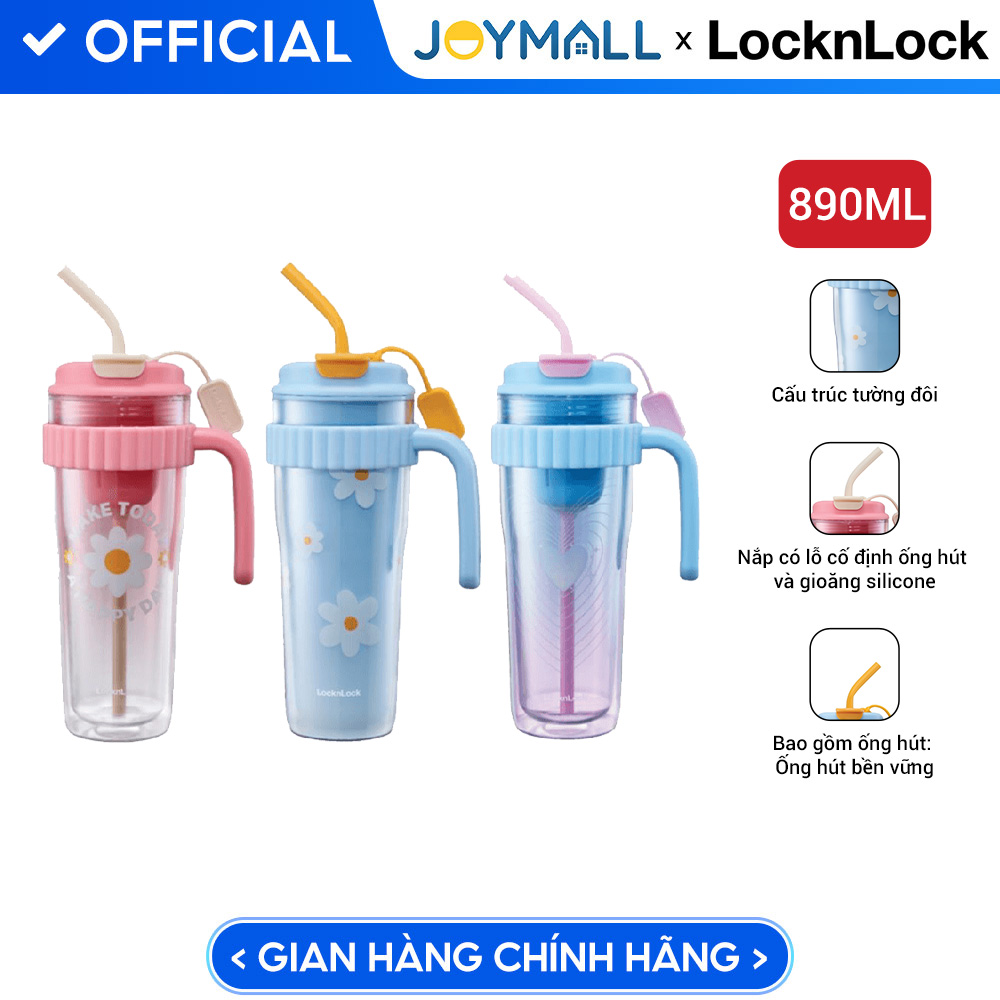 Ly nhựa 2 lớp có tay cầm 890ml LocknLock HAP538, Hàng chính hãng, họa tiết dễ thương, kèm ống hút silicone - JoyMall