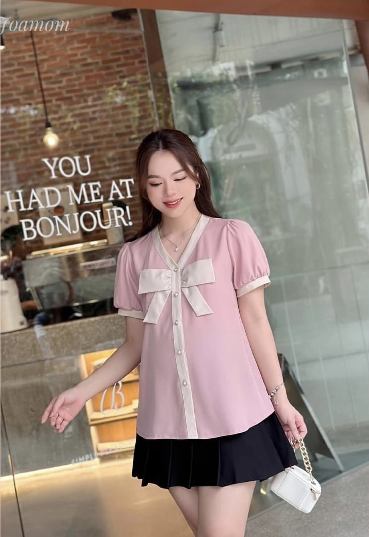 Áo Bầu Công Sở Thiết Kề Cổ Nơ Hồng Dễ Thương