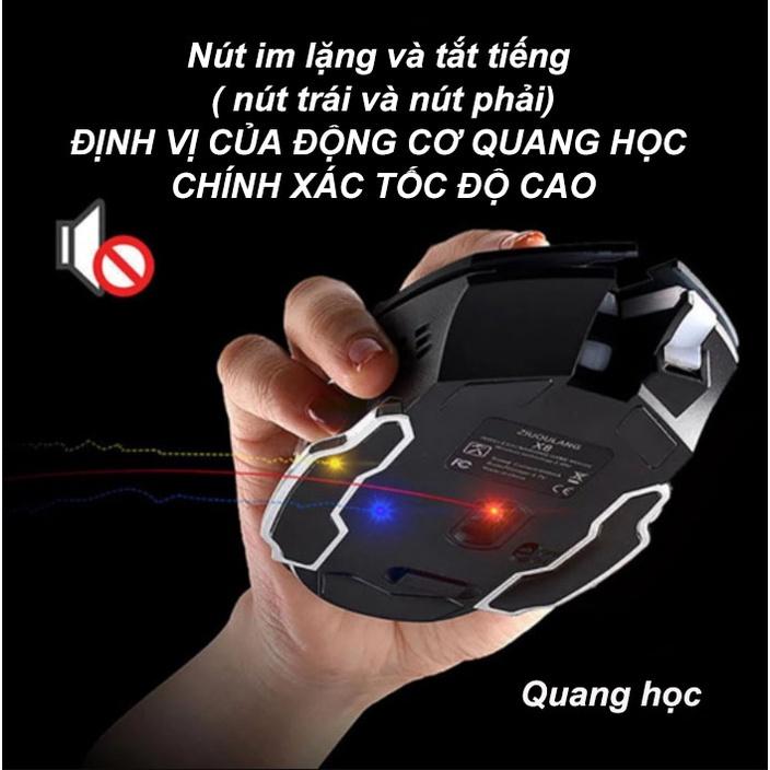 Chuột Chơi Game Sạc Không Dây Wolf X8 Click Cực Êm, 6 Phím Chức Năng Chơi Game Có Đèn Led (Bluetooth + Sạc) - Màu xám