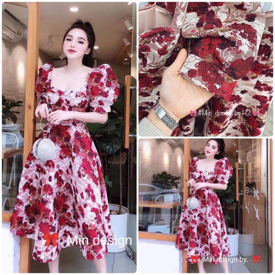 ĐẦM XÒE THÊU HOA ĐỎ TAY PHỒNG SIÊU XINH -MS5353440- SIZE M/L ĐẾN 57KGMM MM