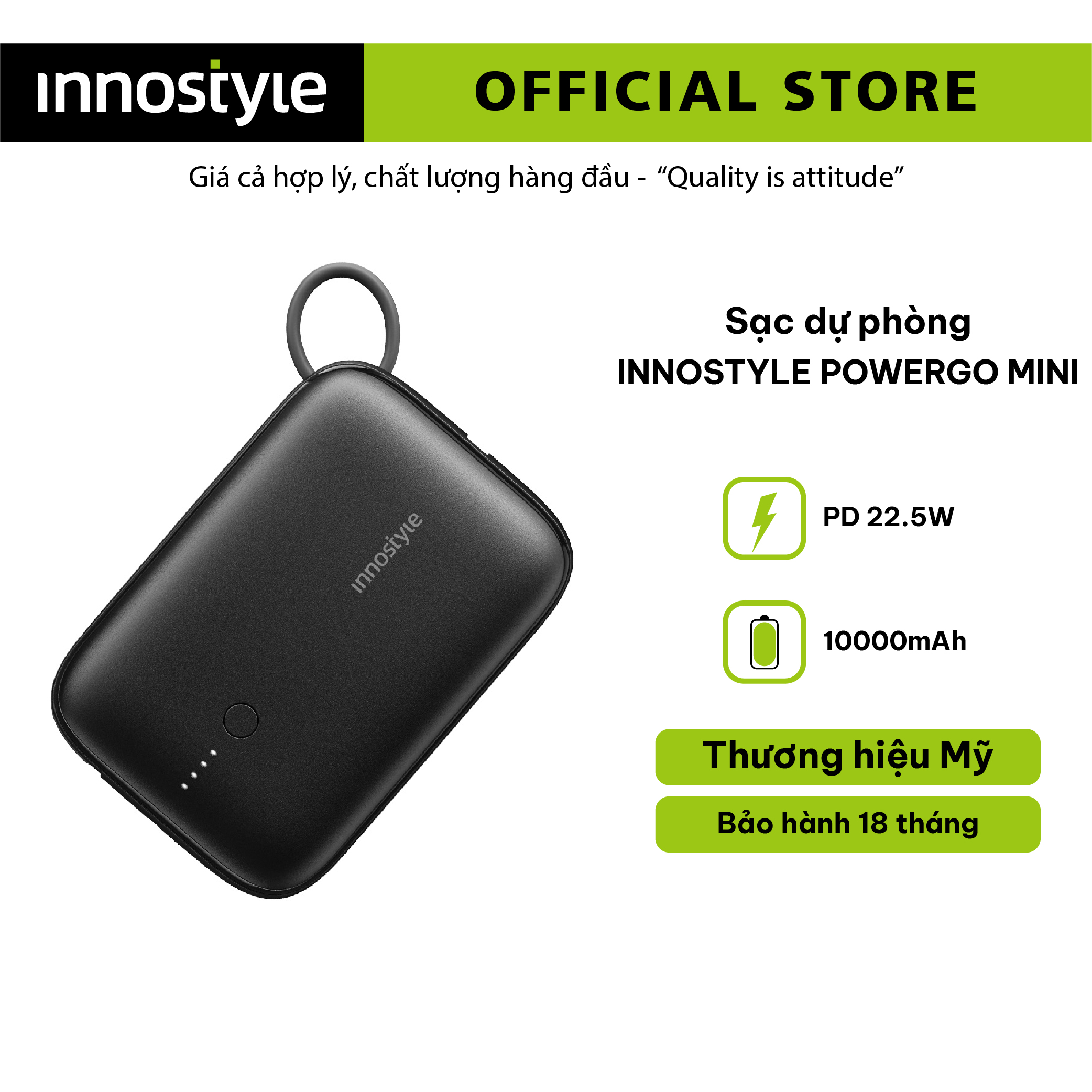 SẠC DỰ PHÒNG INNOSTYLE POWERGO MINI 10000MAH 22.5W TÍCH HỢP CÁP USB-C IP22PDBLK - HÀNG CHÍNH HÃNG