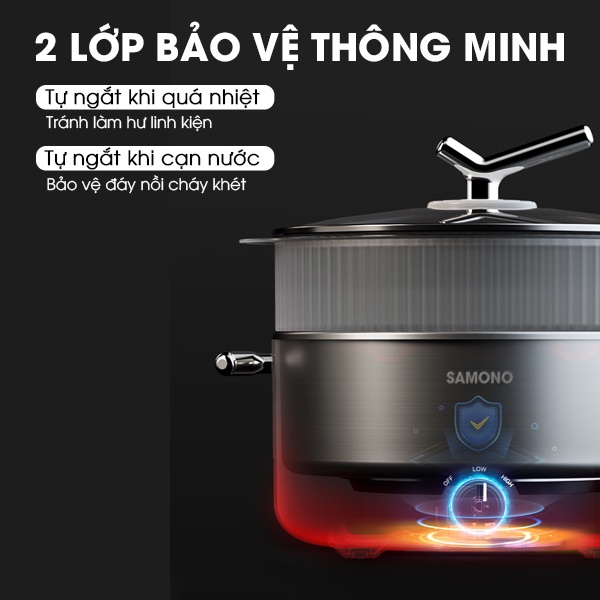 Nồi lẩu điện đa năng SAMONO SW-DG02 3 lít kèm xửng hấp chiên xào hấp nấu lẩu tiện dụng - Hàng chính hãng