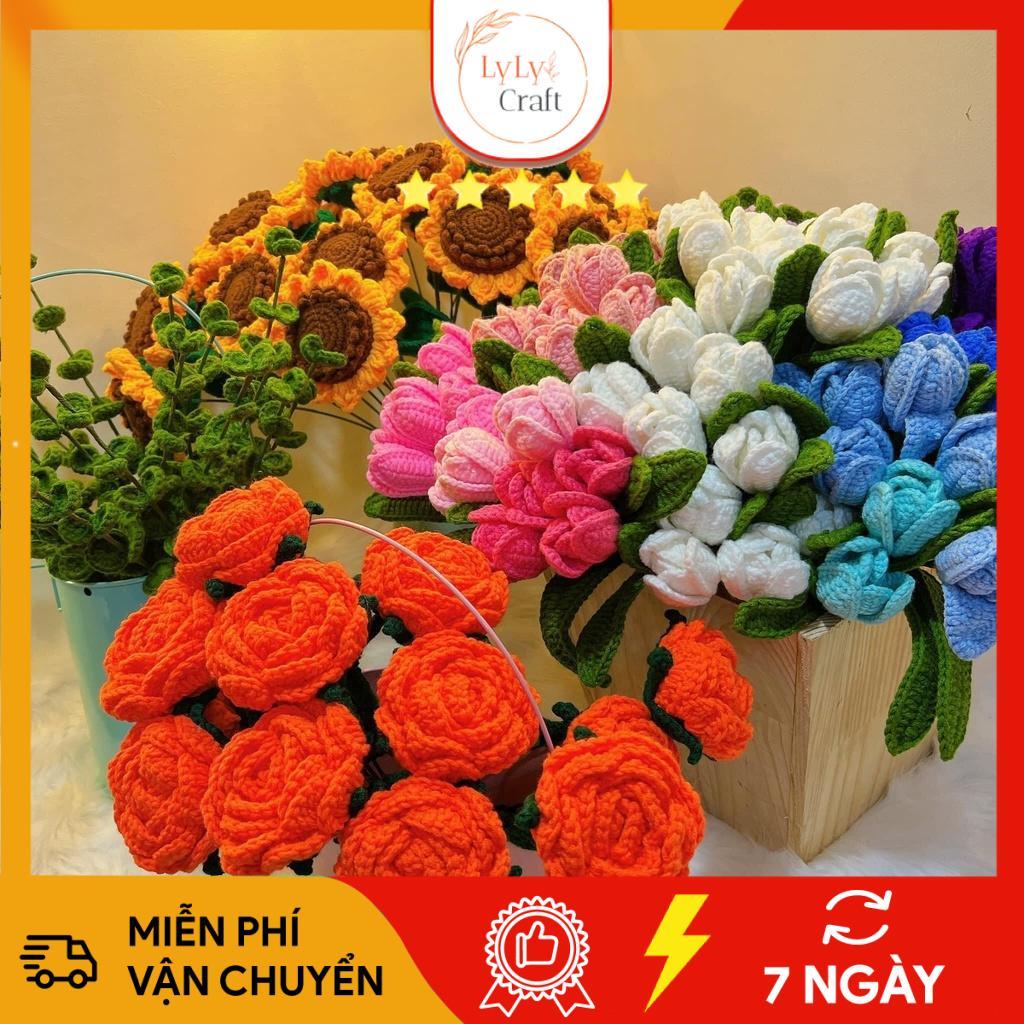 Hoa Len Handmade Thành Phẩm Có Sẵn Dùng Trang Trí, Hoa Len Móc D.I.Y Đủ các Loại Hoa Hồng, Heo, Tulip, Hướng Dương