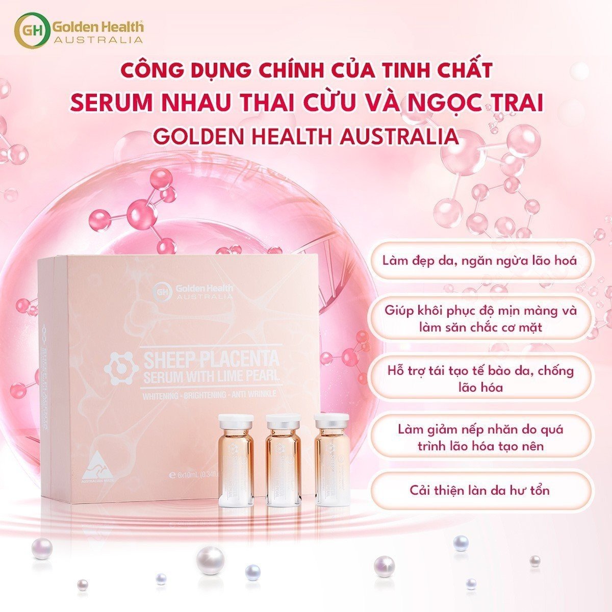 Tinh Chất Serum Nhau Thai Cừu Và Ngọc Trai Golden Health (6x10ml) Hỗ Trợ Làm Giảm Nám, Tàn Nhang, Chống Lão Hoá Và Trắng Sáng Hồng Hào