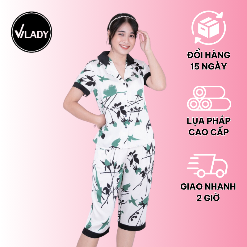 Bộ đồ Pyjama nữ, đồ mặc nhà lụa VILADY - B143 Quần Lửng Tay Cộc Họa Tiết Chim Màu Xanh, chất liệu lụa Pháp