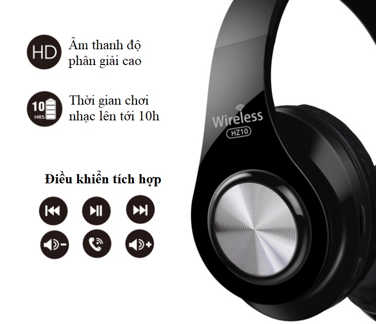 Tai nghe không dây Bluetooth HZ-10 (Tai nghe có 3 Chế độ nghe: Thẻ Nhớ, Bluetooth, Cắm dây 3.5mm - Có thể gập lại gọn gàng)- Hàng Nhập Khẩu