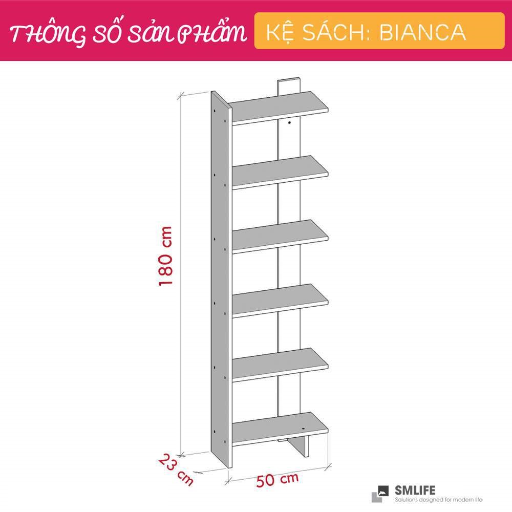 Kệ sách gỗ hiện đại SMLIFE Bianca  | Gỗ MDF dày 17mm chống ẩm | D50xR23xC180cm - Màu