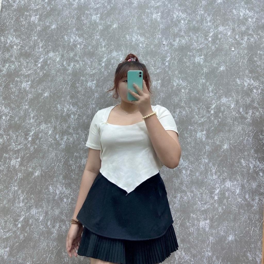 Áo thun tay ngắn cổ vuông bầu tà nhọndáng croptop bigsize hottrend, Áo phông chất borip co giãn A52