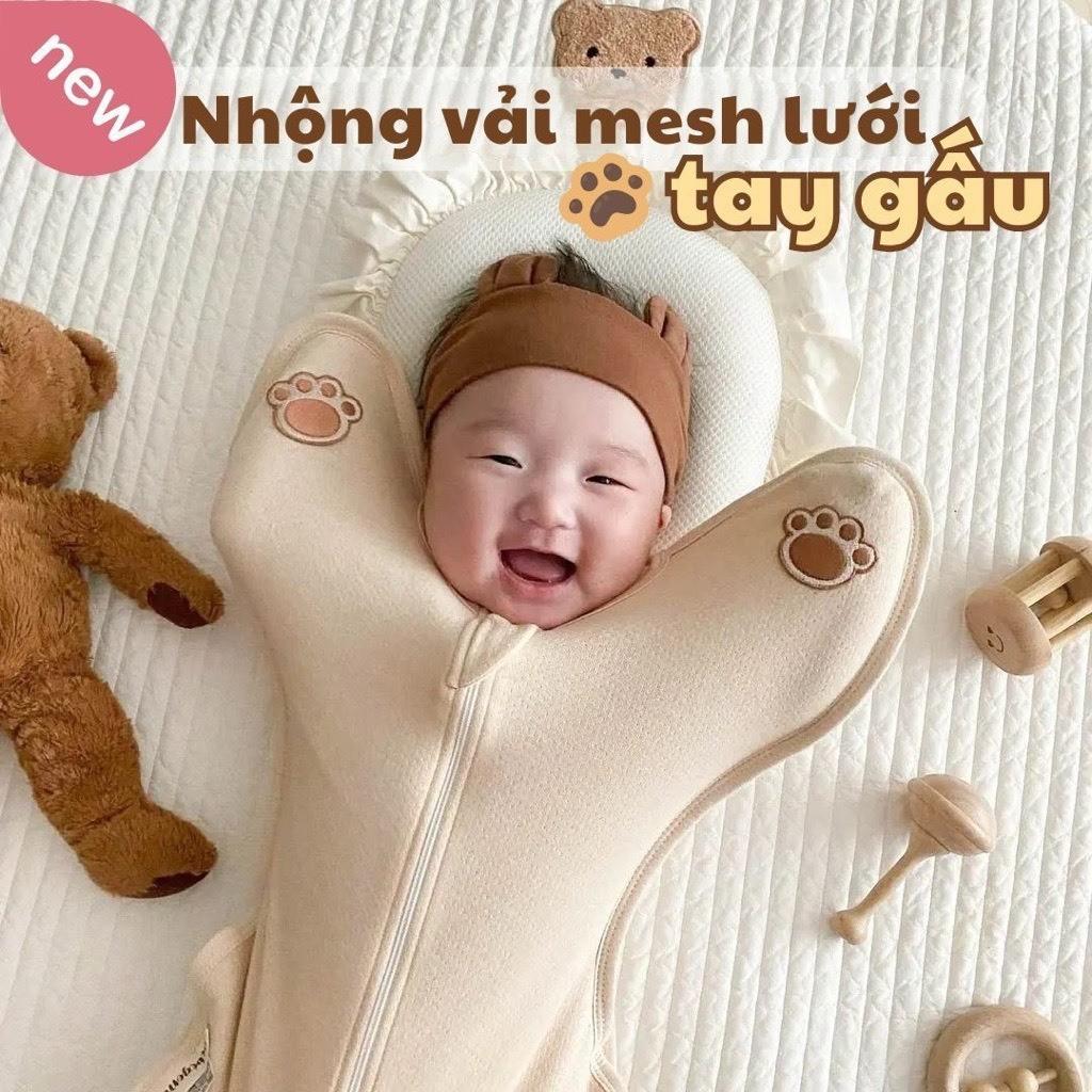 Nhộng Chũn Thông Hơi Tay Gấu Giúp Bé Ngủ Ngon Co Giãn, Mềm Mát, Có Khóa 2 Chiều Thoải Mái Và Tiện Dụng - Màu Hồng