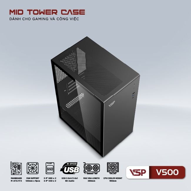 Vỏ máy tính Case VSP V500 [ĐEN] Gaming Kính cường lực (Micro ATX/ITX) - Hàng chính hãng VSP phân phối